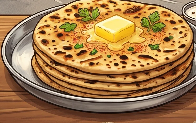 A stack of stuffed parathas with butter
